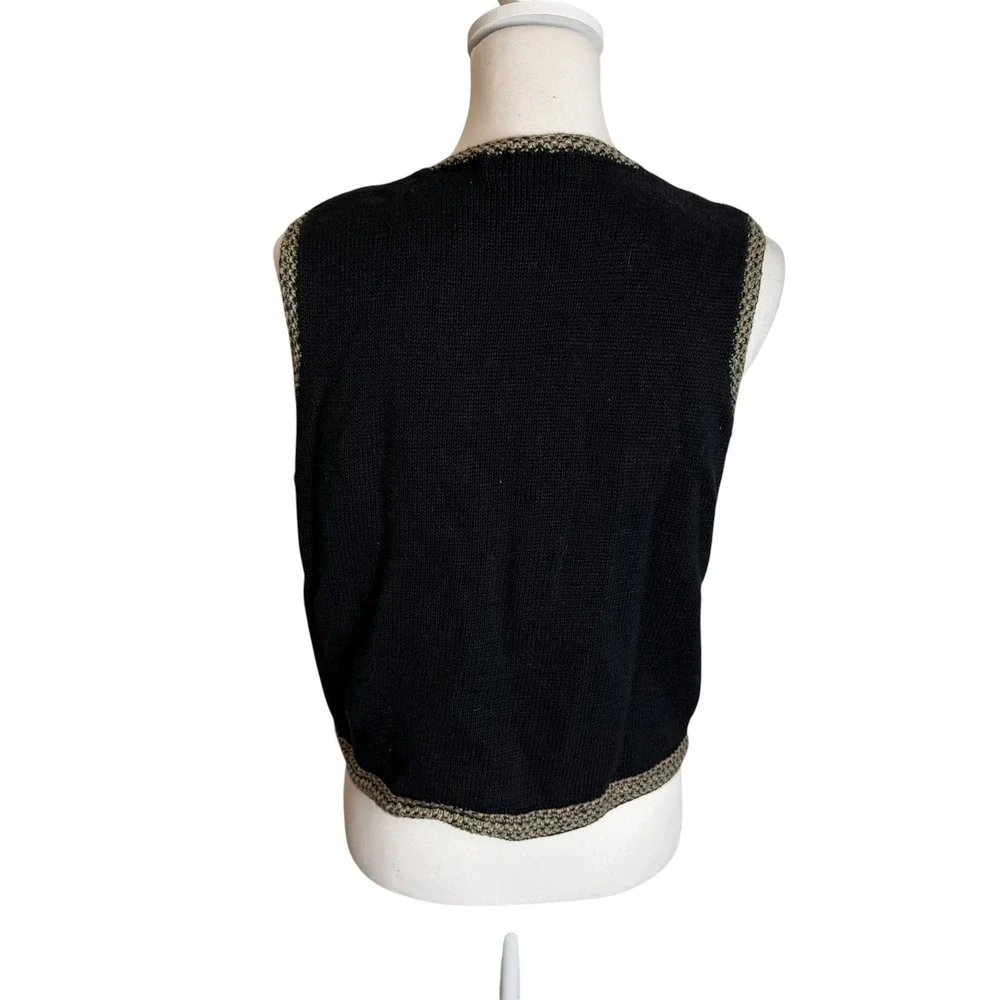 Christina Vintage Black Knit Leaf Sweater Vest Womens Ramie Cotton Fall M / L